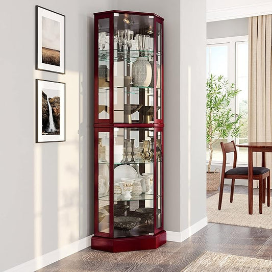 BELLEZE Lighted Corner Display Curio Cabinet Wooden Curved Shelving Unit