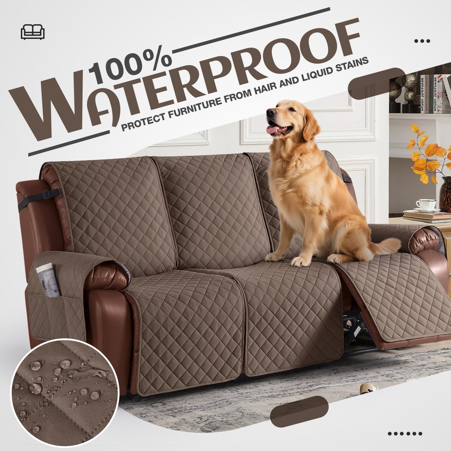KinCam 100% Waterproof Recliner Couch Covers, Non-Slip Reclining Sofa Covers for 3 Seater, Recliner Couch Cover Furniture Protector with Elastic Straps for Pets, Kids, Brown