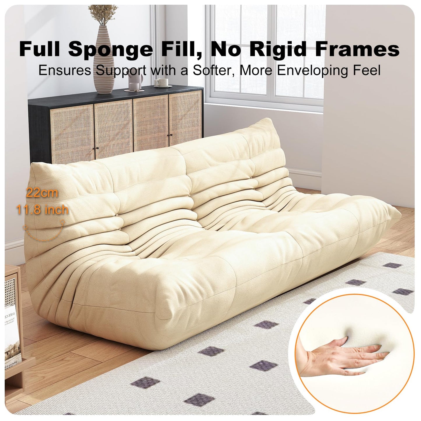 Full Foam Three Seater Sofa – Bean Bag Chairs Floor Couch for Adults, Waterproof Upholstery, Armless Fireside Lounge Chair for Living Room, Apartment, or Office (White)