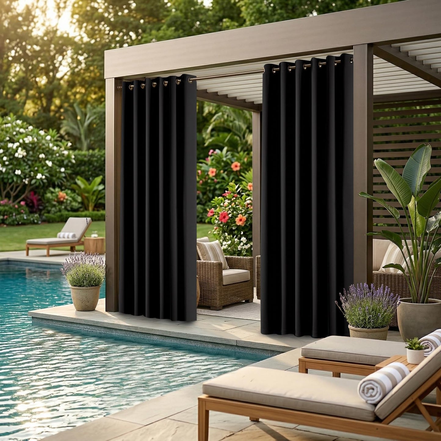 Water Proof Outside Curtains with Grommet Top for Porch, W84 x L95 Thermal Insulated Washable Light Block Outdoor Divider Drapes for Patio Gazebo Deck Pool Area Pergola Cabana (Black)