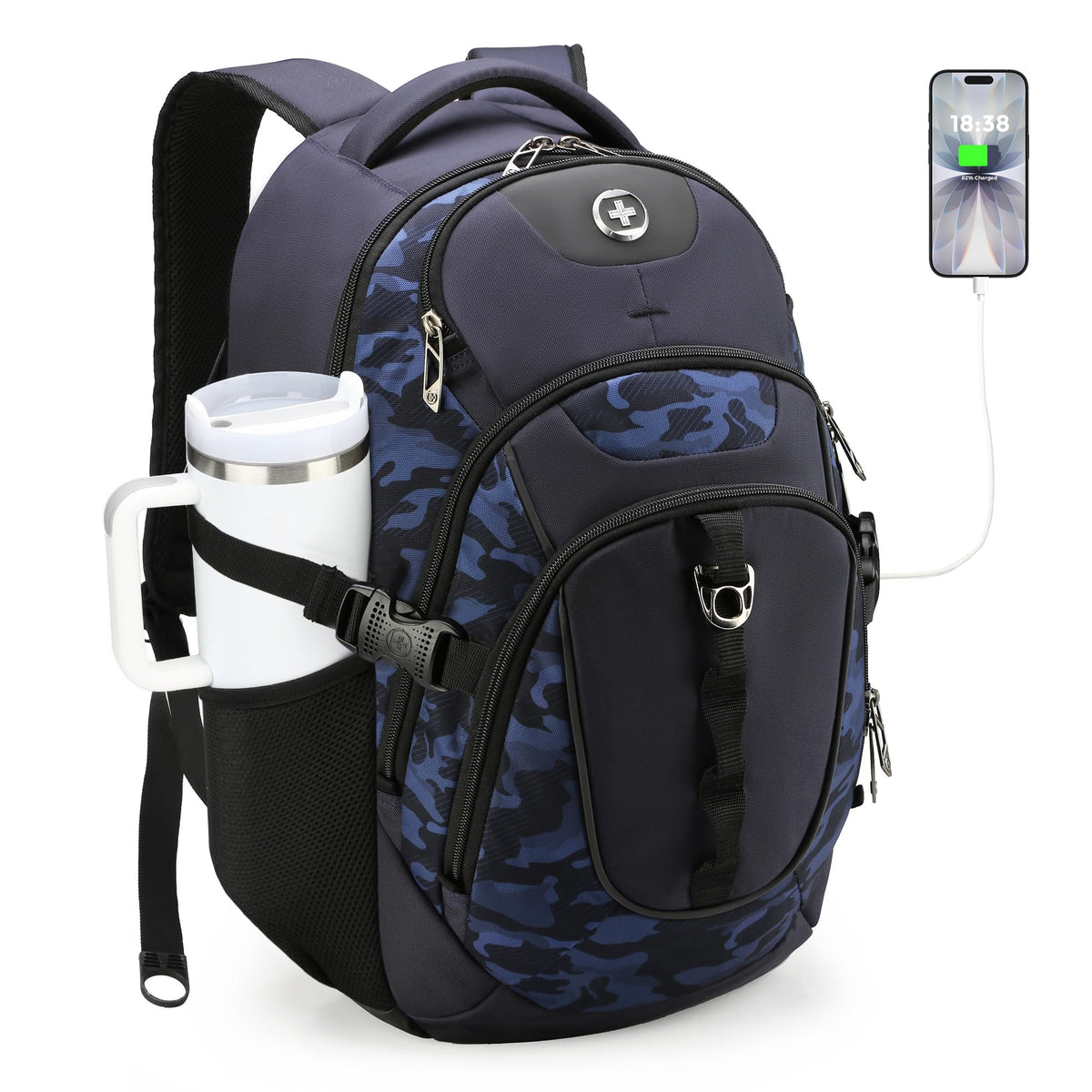 Swissdigital Design Laptop Backpack with USB Charging Port, Travel Backpack Fits 15.6 inches Computer, 31L College School Backpack for Men, Blue Camo | SD803-92
