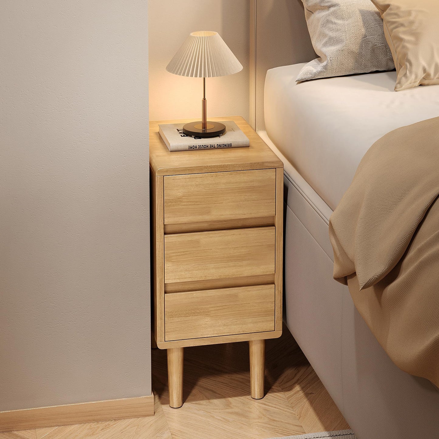 Nightstand with 3 Drawers Narrow Night Stand Solid Wood Bedside Table Mid Century Modern Nightstand Wooden End Table for Bedroom, Study, Office