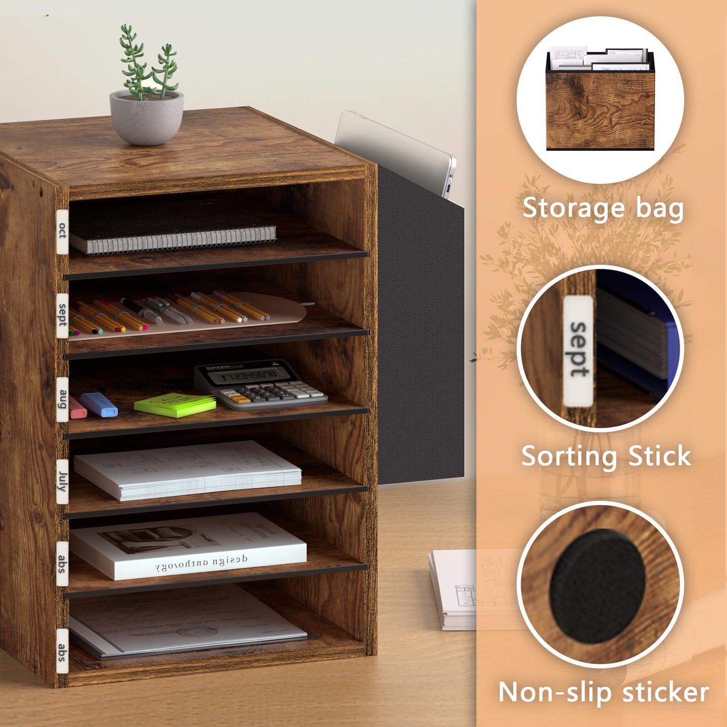 Unionly, 6 Tier Adjustable Countertop Mail Sorter, Mailboxes With Name Slots, Literature Organization Paper Storage Slot, Office Desk File Organizer, Wooden Desktop Mailbox for Classroom, Rustic Brown