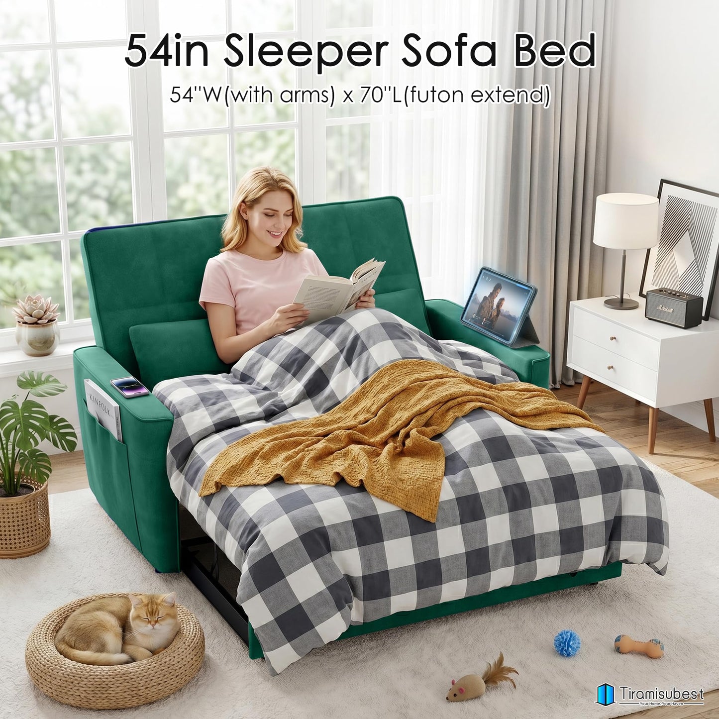 tiramisubest 54'' Sleeper Sofa Bed, Convertible Pull Out Couch Futon for for Living Room,Apartment (Green, Loveseat) Side Pockets, Velvet Fabric, Adjustable Backrest, Pull-Out Bed, Easy Assembly