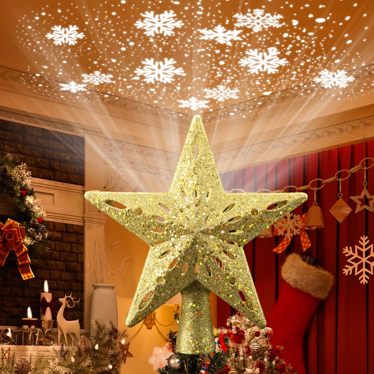 Christmas Tree Topper Lighted Star,3D Hollow Sparkling Star Christmas Tree Topper with 6 Patterns Rotating Magic Cool White Snowflake Projector, Plug in Gold Tree Topper for Tree Ornament