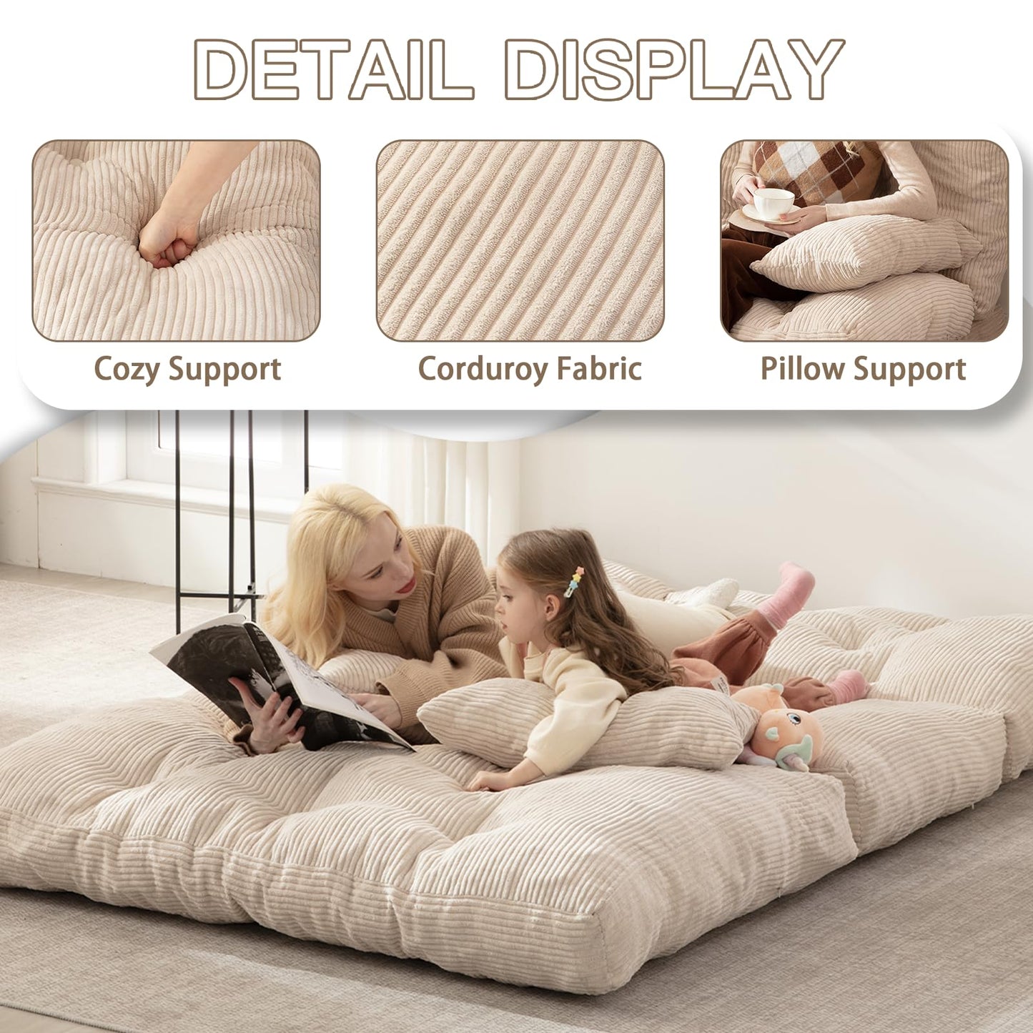 Folding Sofa Bed, Convertible Sleeper Chair with Pillow Foldable Mattress with Back Support, Portable Fold Out Chair Bed Comfy Floor Sofa Lounge for Living Room Bedroom, Beige Full 80x54 Inch