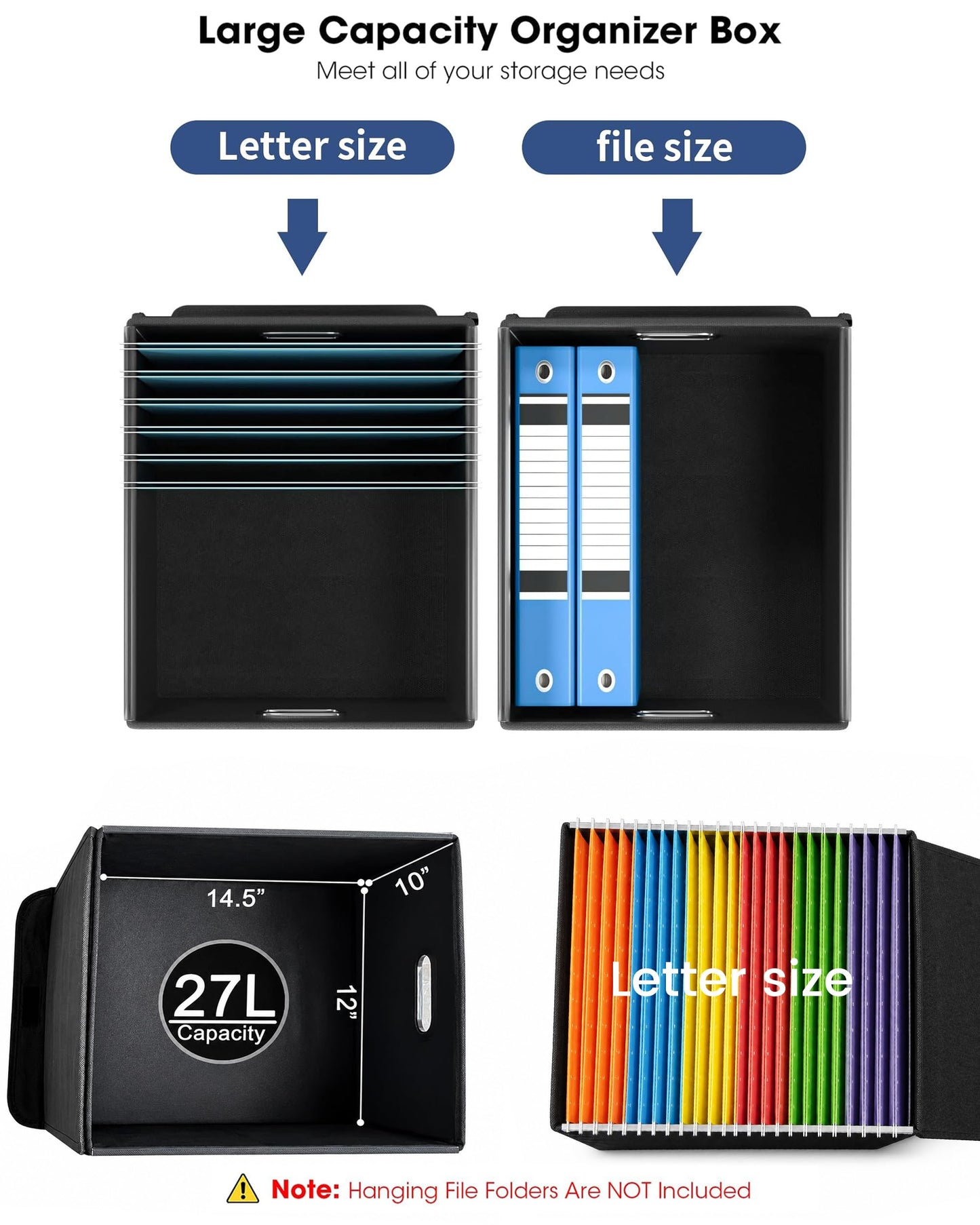 Qerlei File Organizer Boxes with Lids,Collapsible File Folder Organizer with Plastic Slide,Collapsible Filing & Storage Boxes for Office/Decor/Home (Black, 1 Pack)