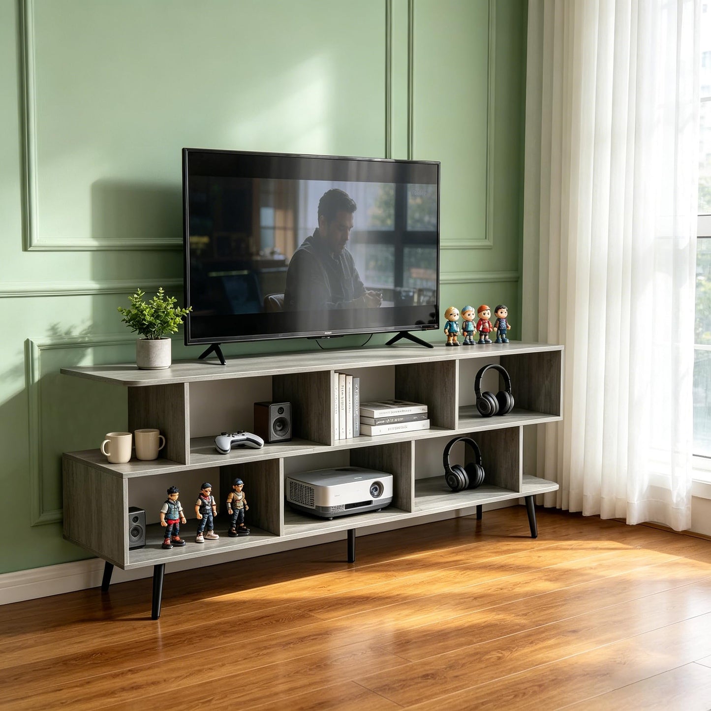ACOHOOK 65" American Walnut TV Stand with Power Outlet,Large Media Console Table for TVs up to 75" with 8 Open Shelves,Entertainment Center for Living Room/Entrance/Kitchen/Sofa Cabinet,Easy Assembly