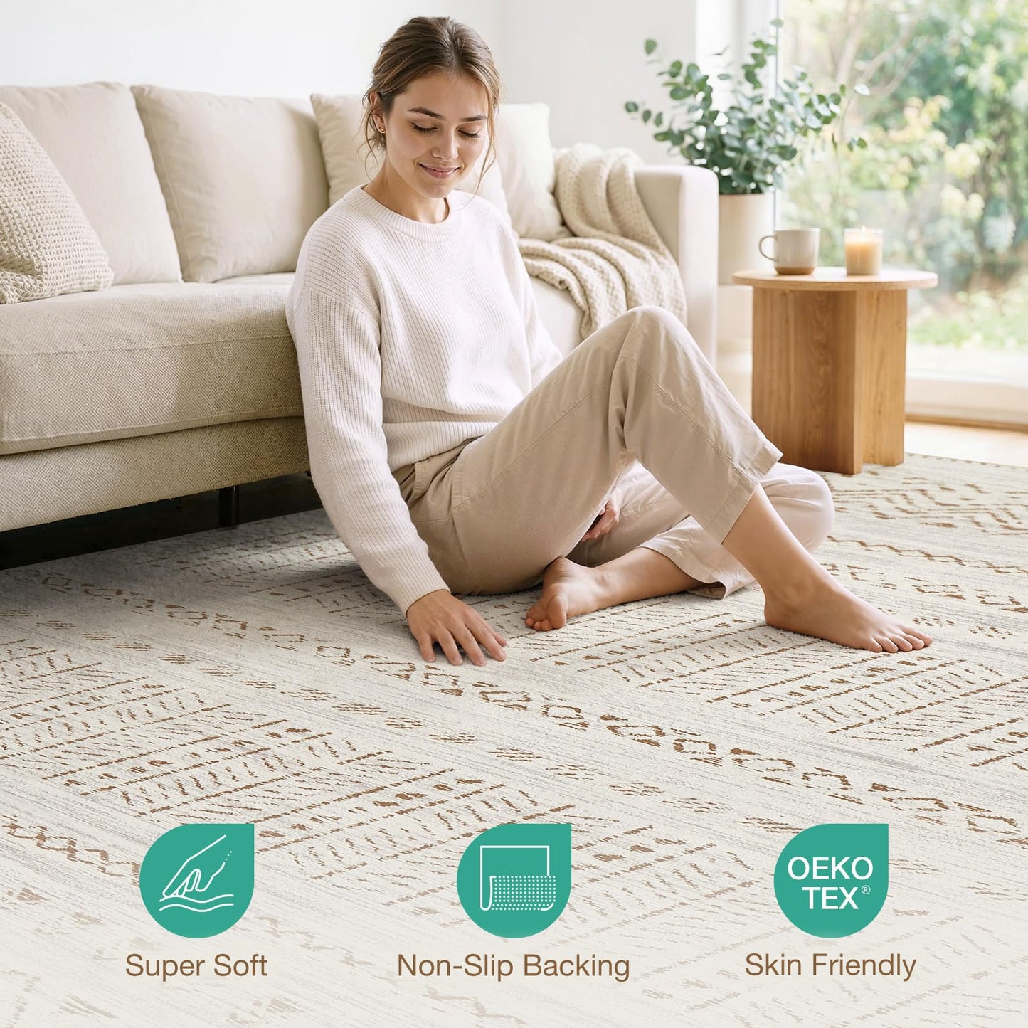 cotiled 5x7 Area Rugs Living Room Rug: Washable Boho Rugs with Non Slip Backing Large Soft Indoor Stain Resistant Carpet for Bedroom Farmhouse Dining Room Lightweight Home Decor Brown/Cream