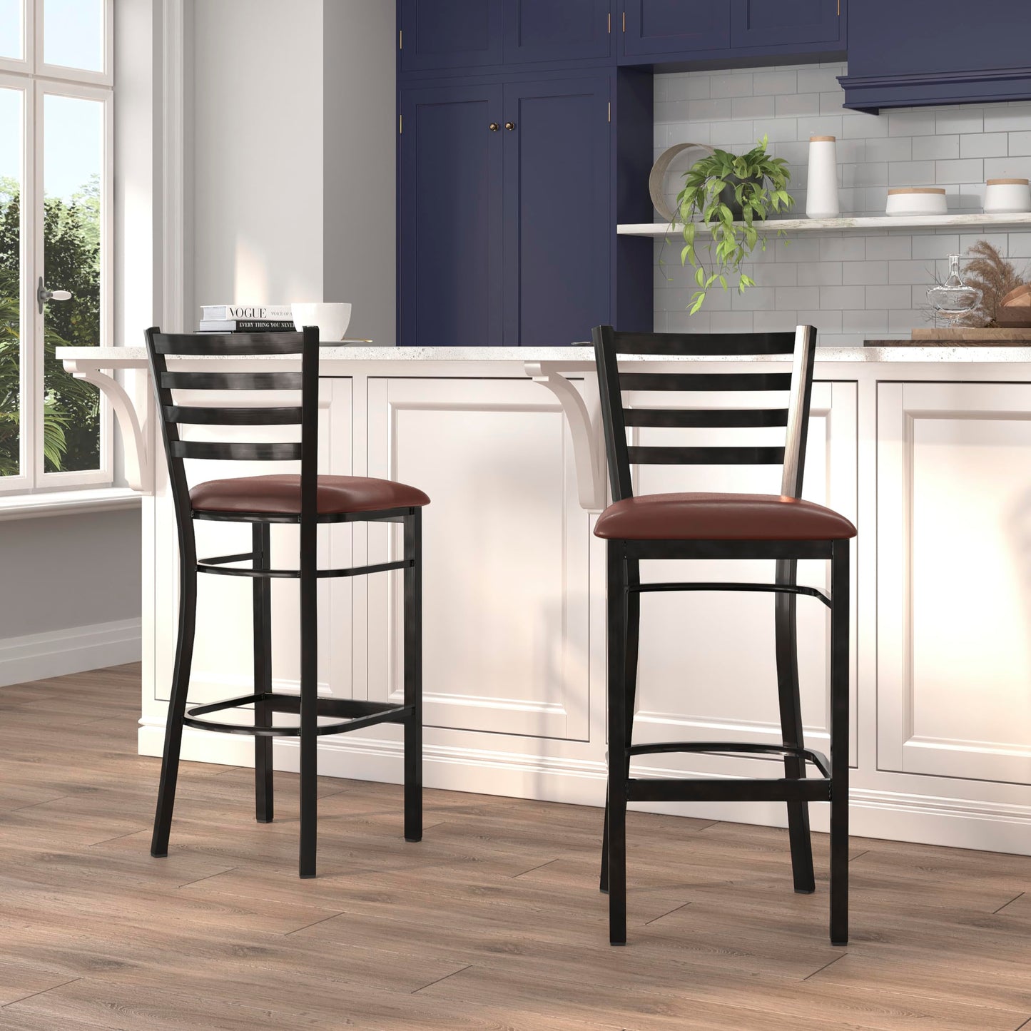 Flash Furniture HERCULES Series Black Ladder Back Metal Restaurant Barstool - Burgundy Vinyl Seat (Pack of 2)