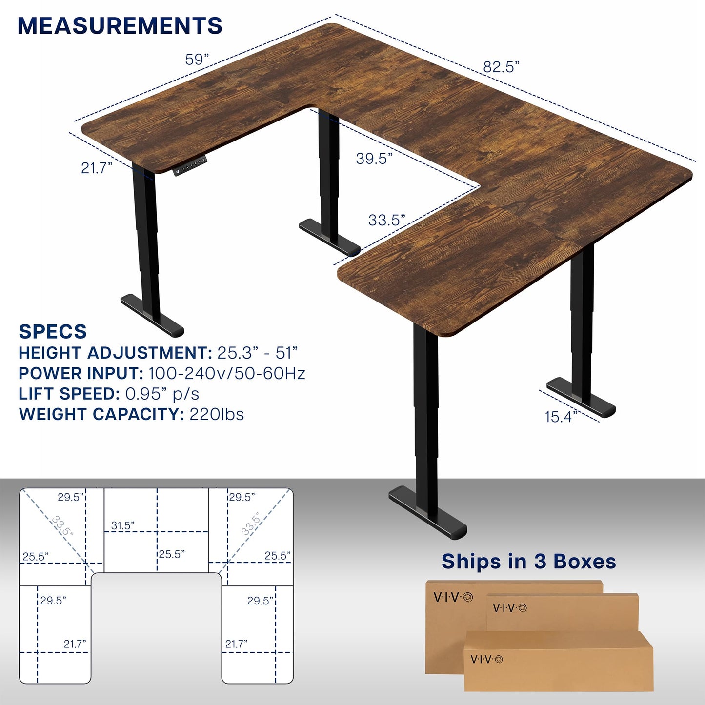 VIVO Large U-Shaped 83 x 60 in Electric Standing Desk, Memory Height Adjustment, Rustic Vintage Brown Top Black Frame, DESK-E4UBN