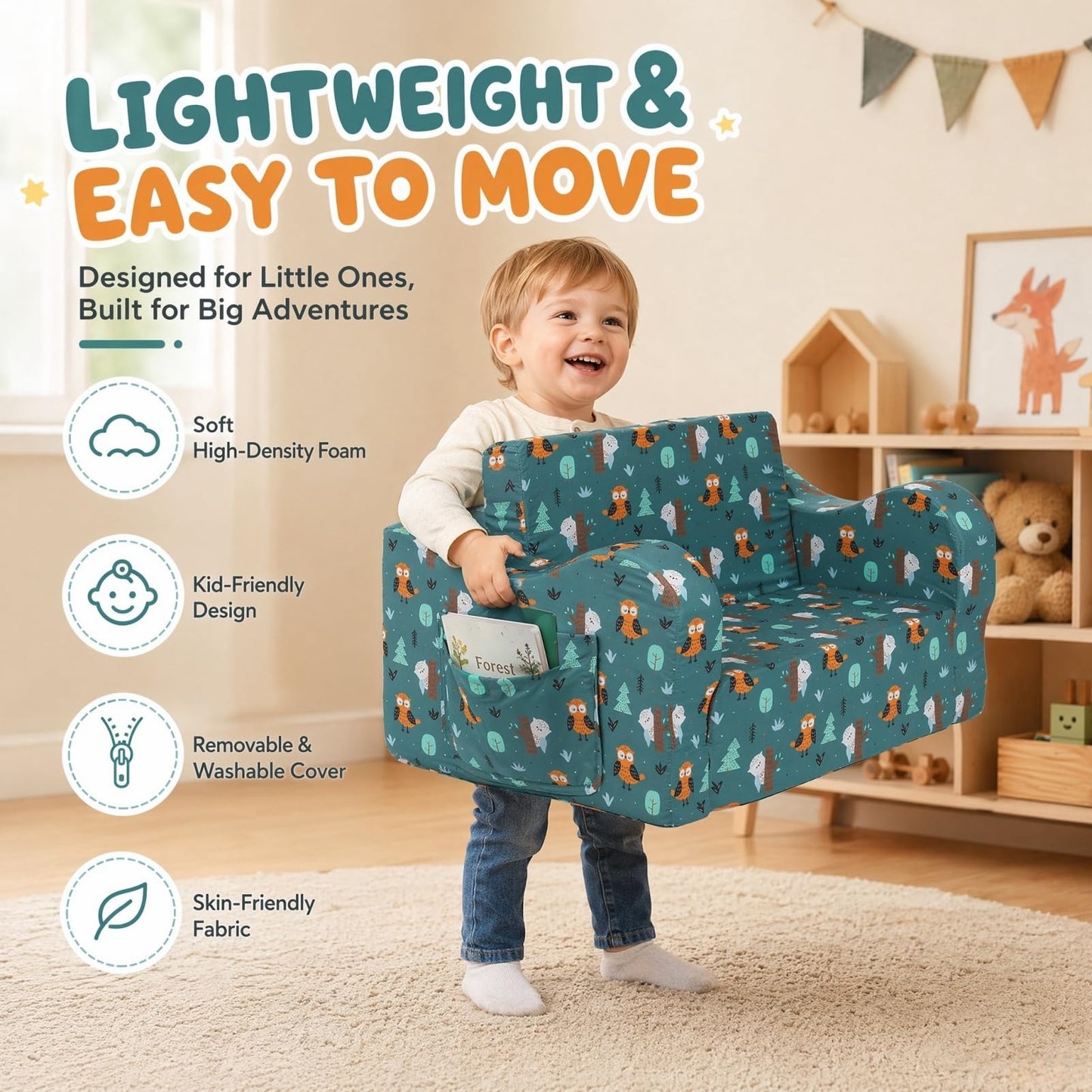 MOMCAYWEX Kids Sofa, 2-in-1 Flip-Out Foam Couch, Foldable Soft Play Lounge Chair, Teal