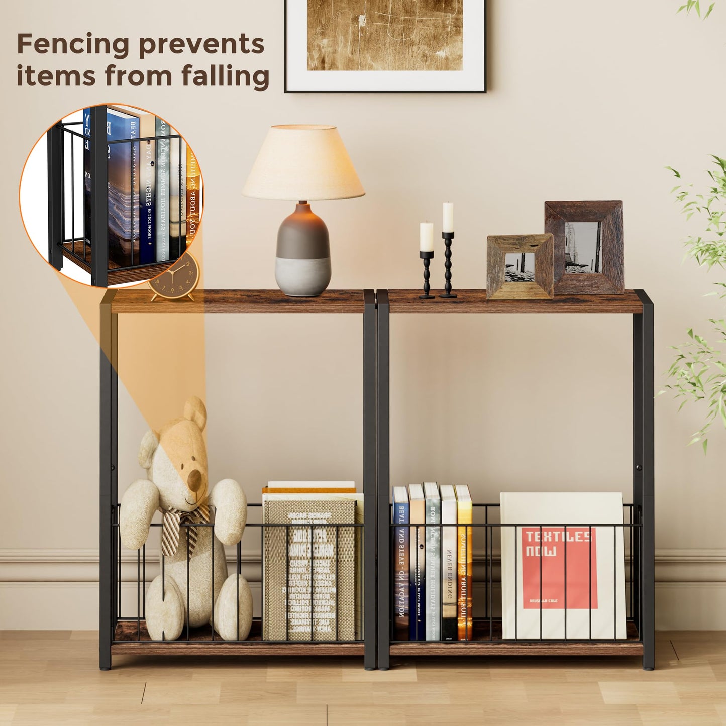 Homleke Narrow Side Table with Magazine Holder, Skinny End Table Perfect for Small Spaces, Space-Saving Design for Living Room, Bedroom, or Office, 7.1" D x 16.9" W x 23.6" H, Rustic Brown