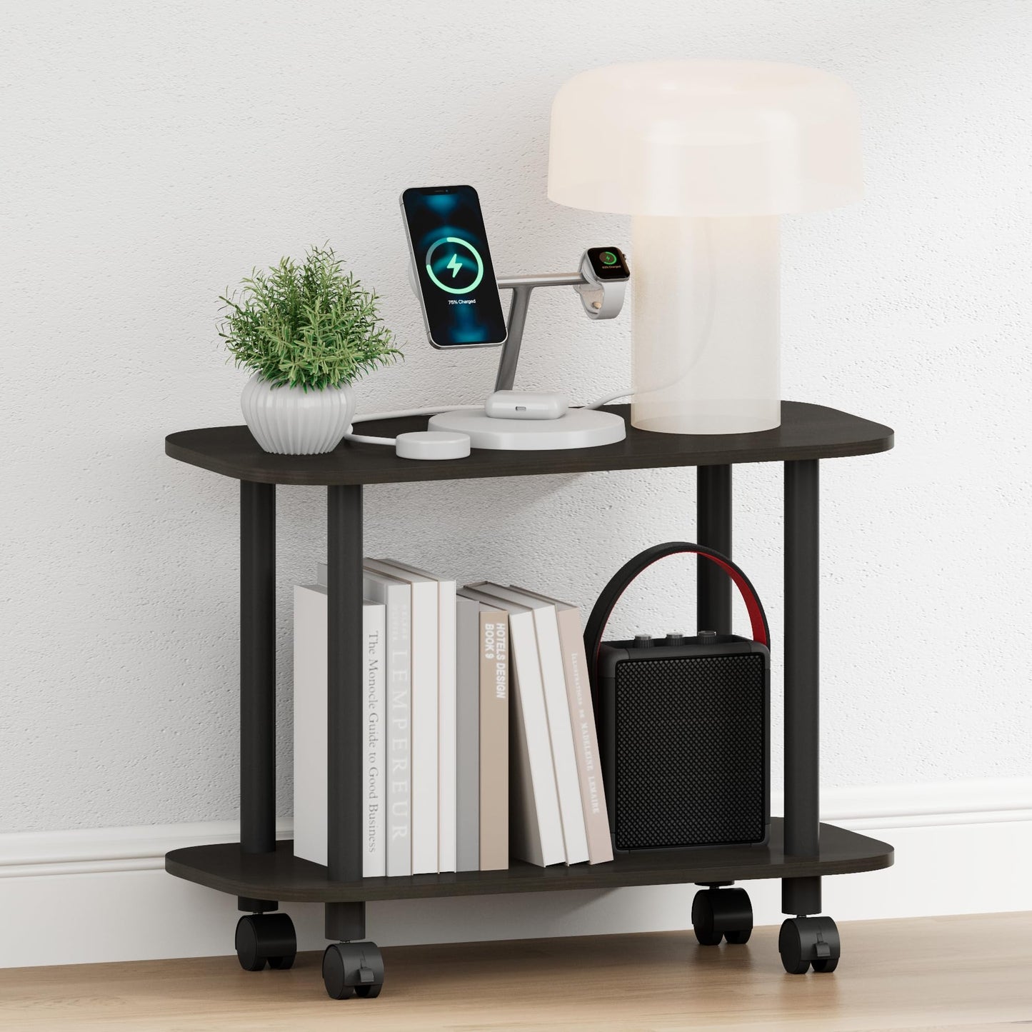 Furinno Turn-N-Tube Night Stand, 2-Tier Oval Nightstand with Wheels, Round Corner Side Table, End Table with Open Shelf, Toolless Assembly, for Living Room, Bedroom, Espresso