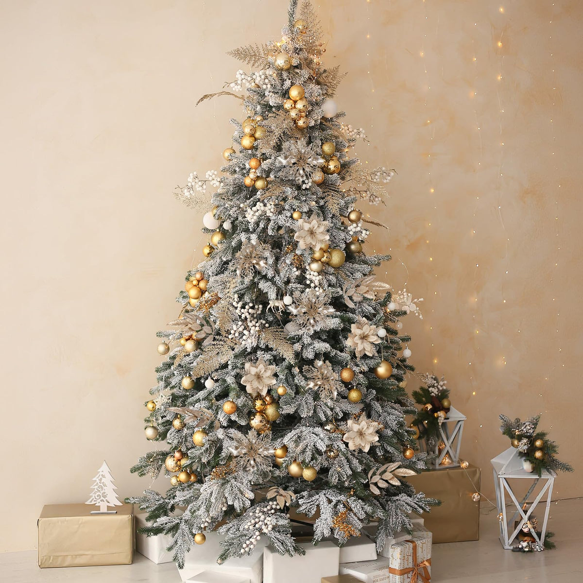 N&T NIETING 30Pcs Champagne Christmas Poinsettia Artificial Flowers & Glitter Berries Leaf Stems Kit Christmas Floral Picks Christmas Tree Garland Wreath Filler Ornaments for Home Party Xmas Decor