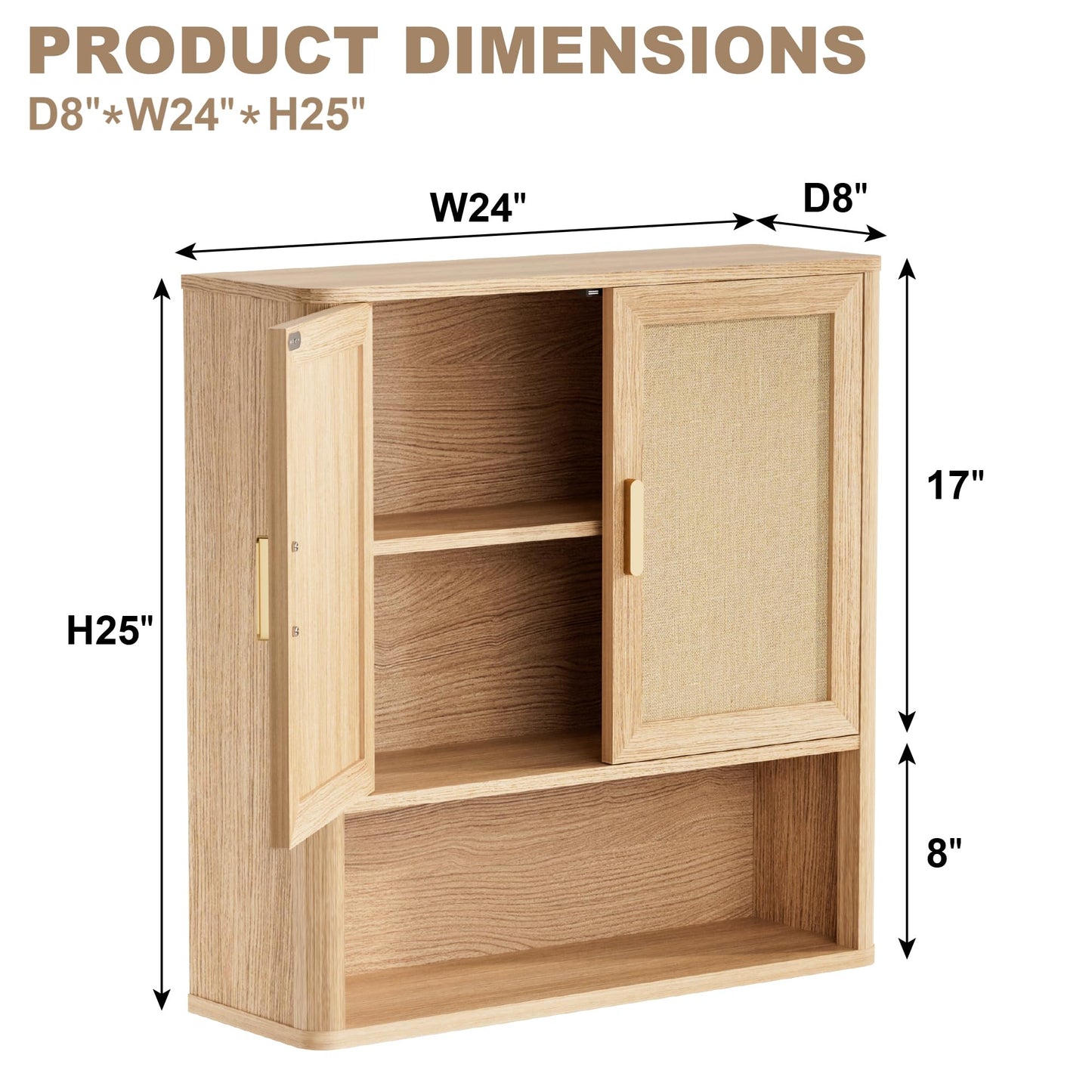 INNOD Rattan Bathroom Wall Cabinet with Open Compartments, Wall-Mounted Medicine Cabinet with Adjustable Wood Shelf & Doors, Over the Toilet Storage Cabinet for Laundry Room & Kitchen & Living Room