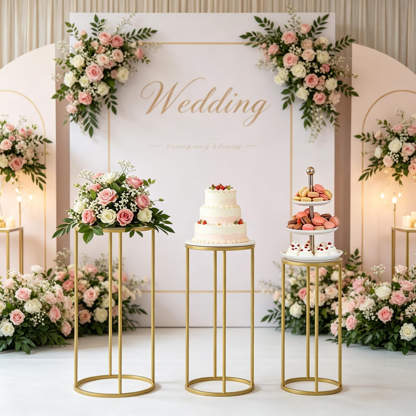 Urban Deco 3Pcs Cylinder Stands for Party, Round Pedestal Stand for Parties with Removable Acrylic Tops, Gold Metal Cake Stands, Cilindros para Fiestas for Birthday Party Wedding Baby Shower Decor