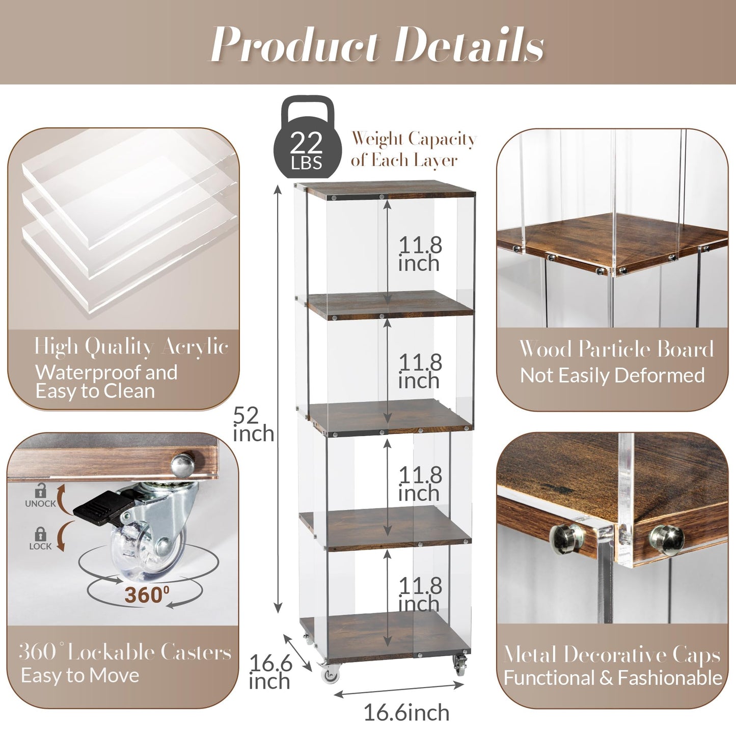 Sttoraboks 4 Tier Display Cabinet, Bookshelf, Bookcase, Display Shelf with Wheels, Floor Standing Curio Cabinet, Book Shelf with Acrylic and Wood, Display Case Trophy Case for Living Room Study