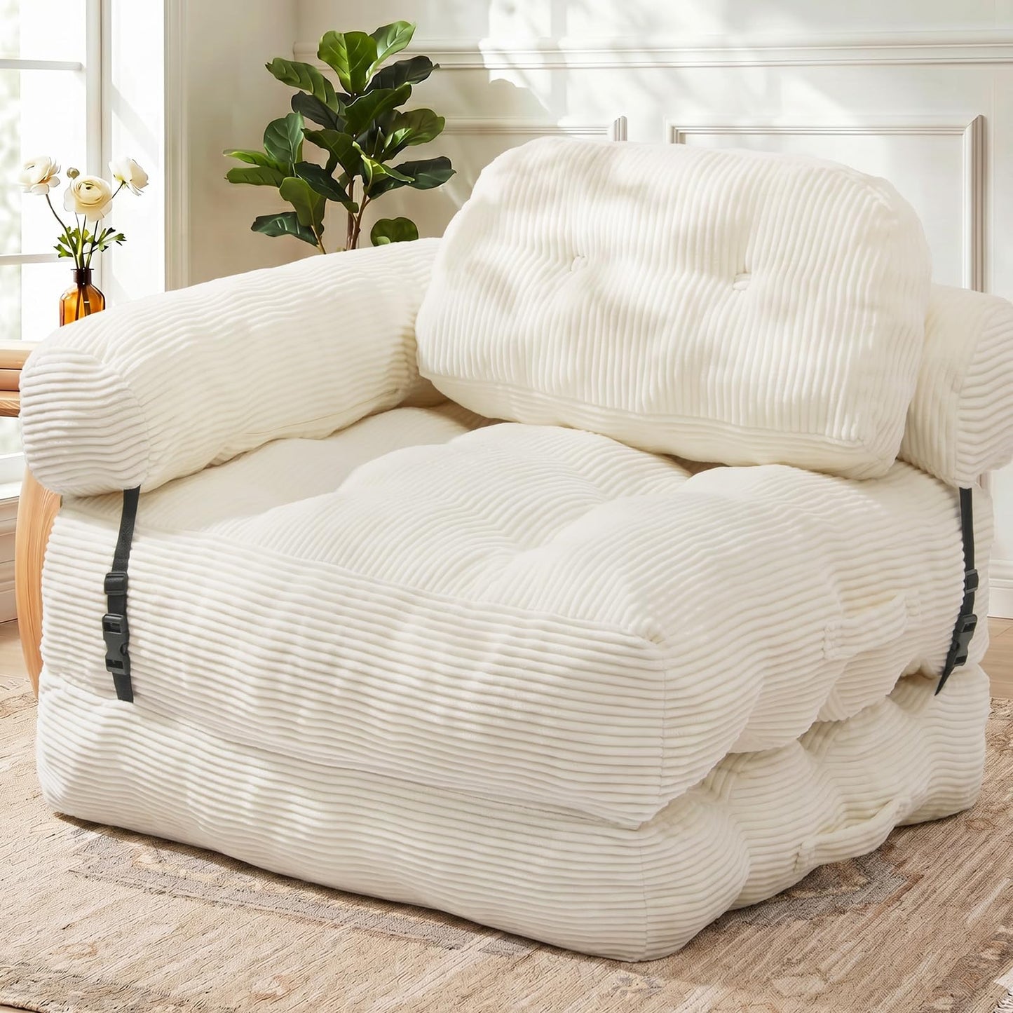 Vellorise Folding Sofa Bed, L-Shaped Couch Back Support and Arm Pillow Futon, Convertible Sofa Bed for Living Room/Guest Use/Home Office, Boneless Foldable Couch for Adults, White