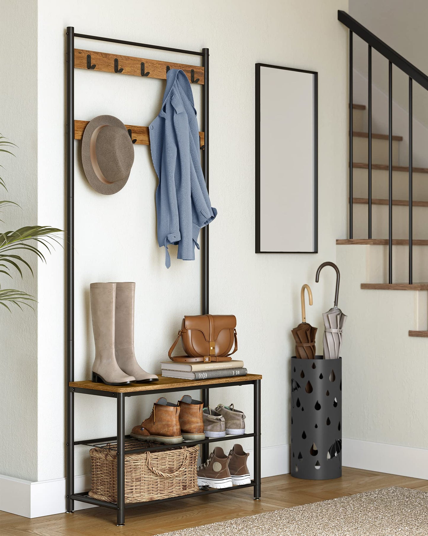 VASAGLE Coat Rack, Hall Tree with Shoe Storage Bench, Entryway Bench with Shoe Storage, 3-in-1, Steel Frame, for Entryway, 12.6 x 27.6 x 68.9 Inches, Industrial, Rustic Walnut and Black UHSR041B41