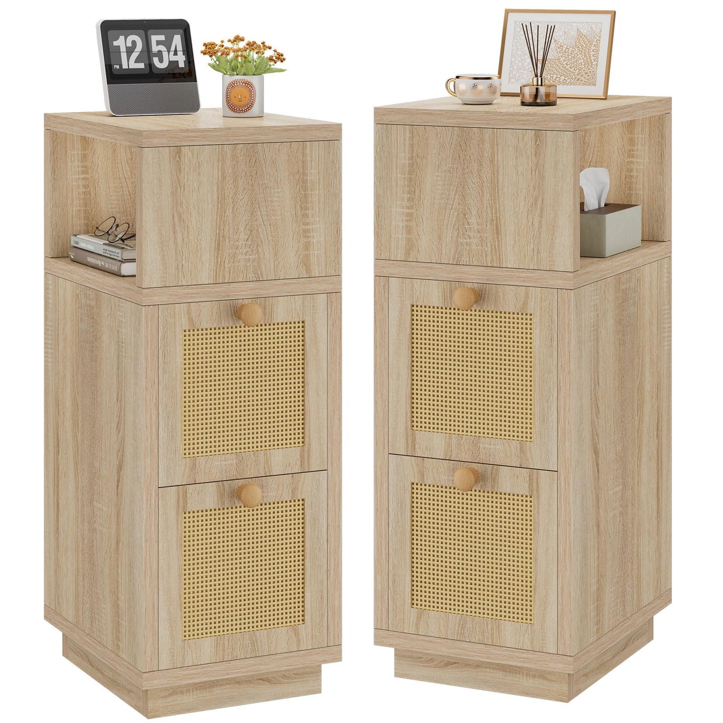 YMYNY Rattan Nightstands Set of 2, Boho Bedside Table with Open Shelf, 2 Drawers, 9.45" x 11.42" x 25.59", Narrow Side Table, Bedside Cabinet for Bedroom and Small Spaces, Natural UHST017N-2
