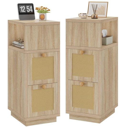 YMYNY Rattan Nightstands Set of 2, Boho Bedside Table with Open Shelf, 2 Drawers, 9.45" x 11.42" x 25.59", Narrow Side Table, Bedside Cabinet for Bedroom and Small Spaces, Natural UHST017N-2