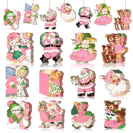 36 Pcs Pink Vintage Christmas Wooden Ornaments for Tree Retro Pink Holiday Santa Reindeer Bell Snowman Hanging Ornaments Farmhouse Christmas Tree Hanging Decorations for Winter Xmas Home Mantel Party