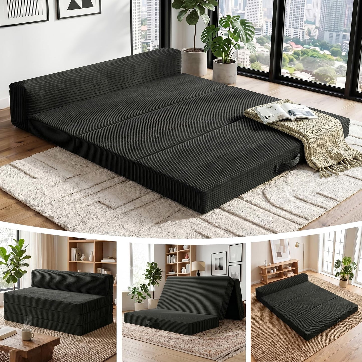 5 in 1 Foldable Floor Sofa Bed, Tri-Fold Memory Foam Futon Mattress, Convertible Sleeper Couch Guest Bed, Portable Fold Out Sofa Couch for Living Room Apartment Office Guest Room