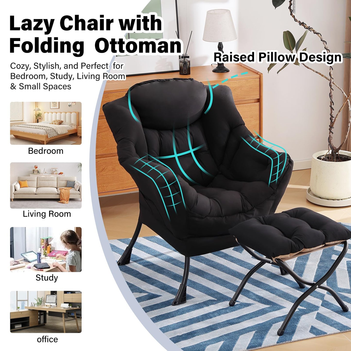 Furlide Lazy Chair with Ottoman, Modern Accent Chair with Armrests and a Side Pocket, Black Accent Chairs, Reading Chairs, Oversized Armchairs for Bedroom, Study, Living Room, Courtyard