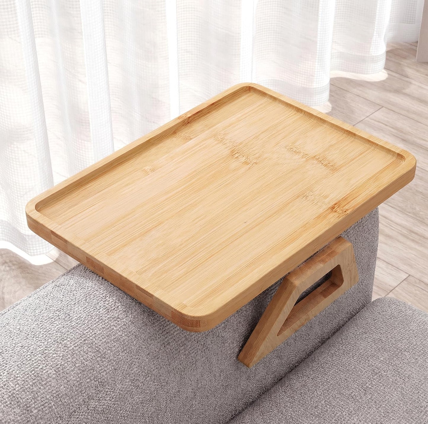 Fumusae Couch Arm Tray, 13" × 9" Bamboo Foldable Sofa Armrest Table Tray Clip-On Desk for Eating TV Snacks Drinks Phone Remote, Natural Wood Wooden Holder Side Table for Armchair Recliner Small Spaces