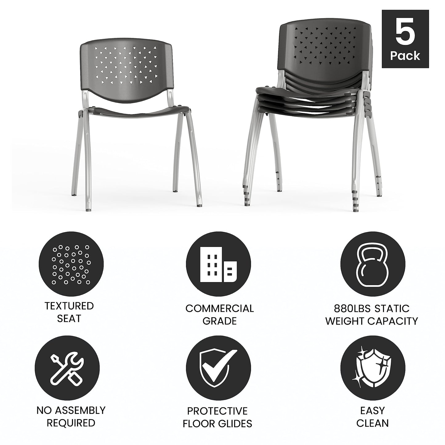 Flash Furniture HERCULES -5 Pack 880 lb. Capacity Gray Plastic Stack Chair | Comfortable Seating with Durable Design