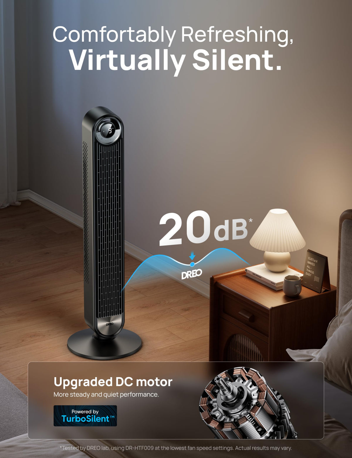 DREO Tower Fan for Bedroom, Upgraded DC 9 Speeds 20dB Ultra-Quiet Floor Fan, 90° Oscillating Fans with 28ft/s Velocity, 12H Timer, Standing Fan, Bladeless Fan Powerful for Home Office Room