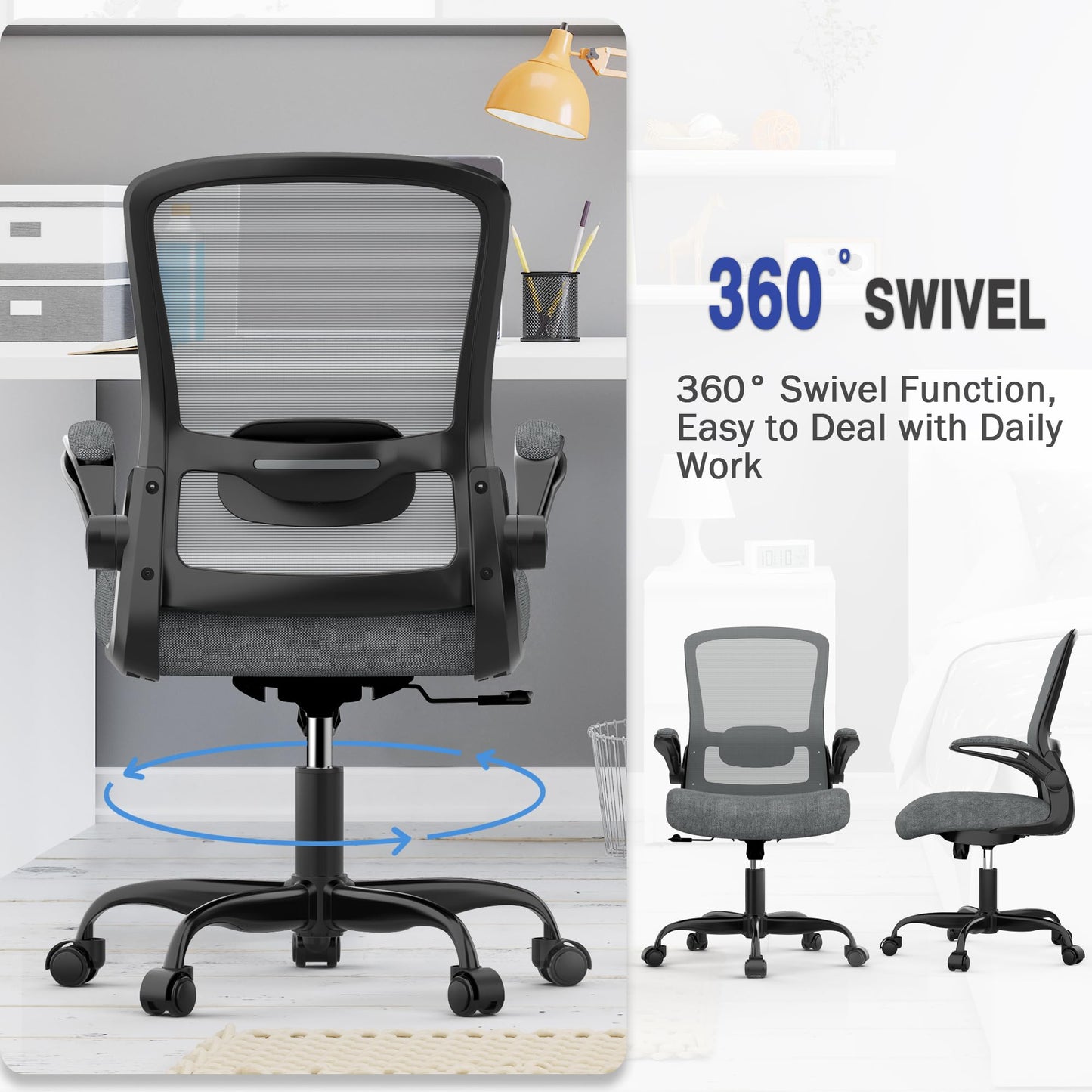 Mimoglad Ergonomic Office Chair - Desk Chair with Flip-up Armrests & 135° Recline, Adjustable Lumbar Support - Space-Saving Task Chair for Business/Team Office & Home (Iron Gray, 300lbs)