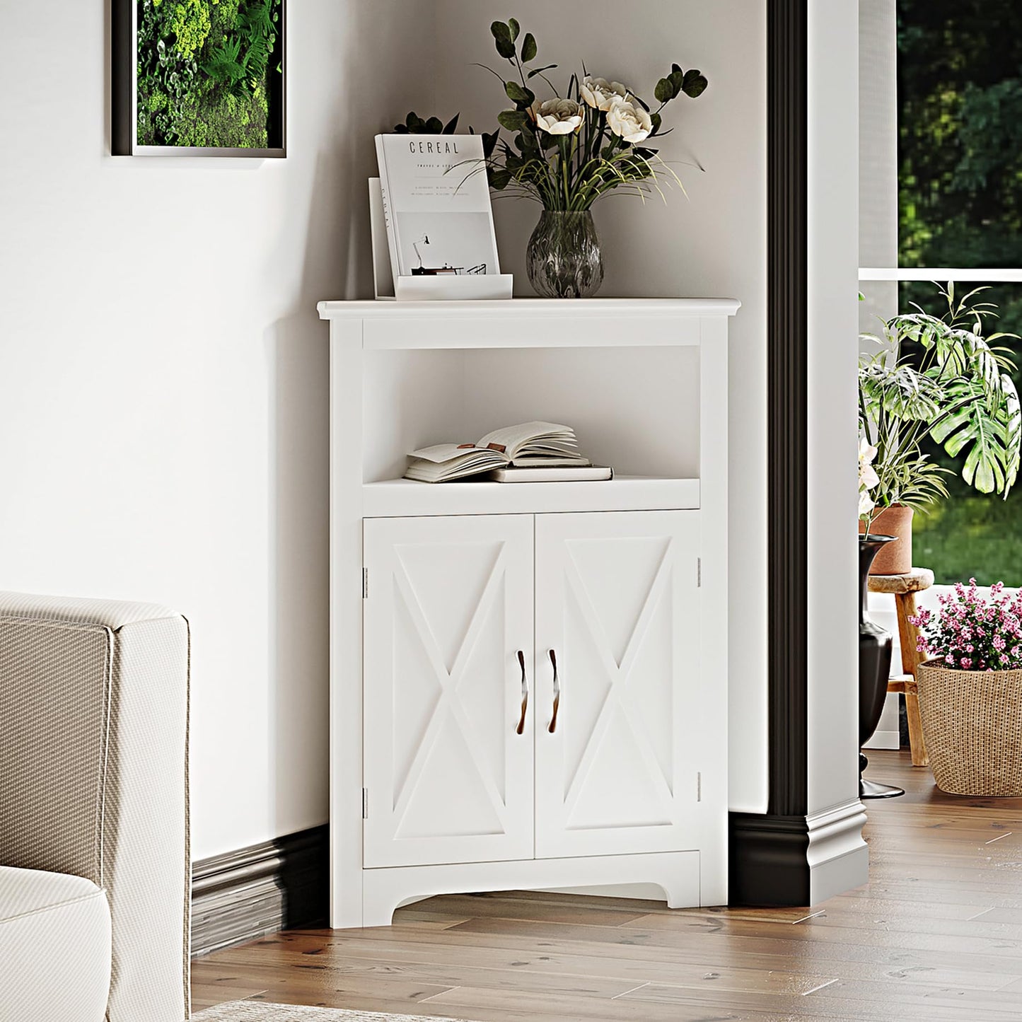 ChooChoo Corner Storage Cabinet, Small Corner Cabinet with Barn Door Design and Adjustable Shelf, Home Space Saver for Living Room, Bathroom, Kitchen, White