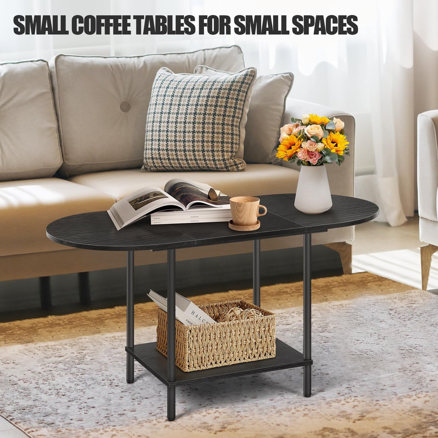 KANEODOT Black Coffee Tables for Living Room,Mid Century Oval Small Center Table with Storage Shelf and Wood Tabletop,2-Tier Farmhouse Low Cocktail Tea Table for Small Space,Apartment