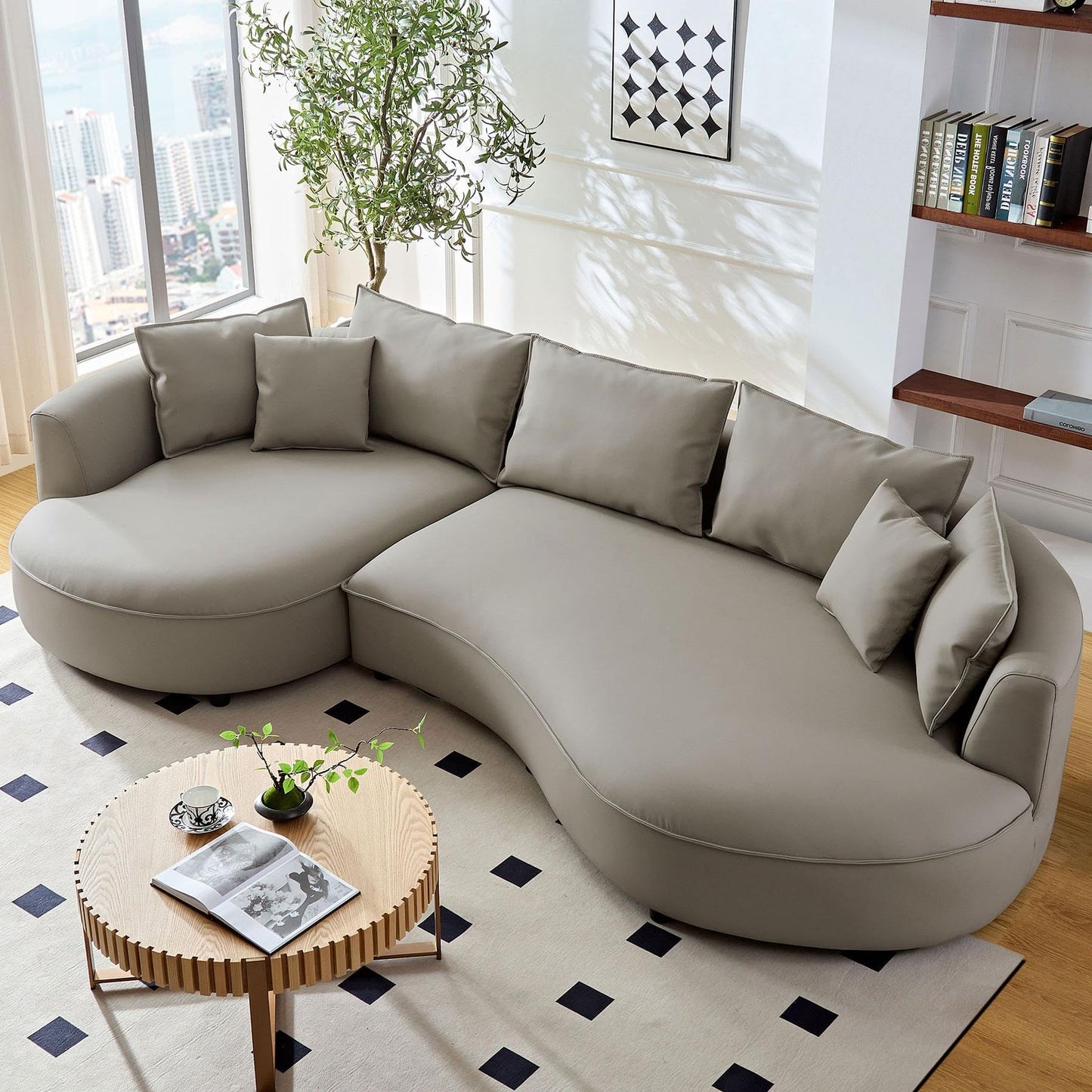 BBTJOINT L Shape Curved Sectional for Living Room, Bonded Leather Upholstered Furniture Sofa, Round Couch with semicircualr Chaise,Light Grey
