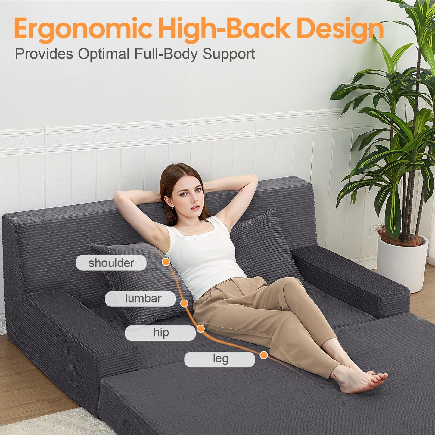 MeMoreCool Folding Sofa Bed Boneless Couch, 59" Loveseat Convertible Futon, Corduroy Foldable 2-in-1 Floor Sleeper for Small Living Room, Apartment, Guest Room, Foam Support & Washable Cover, Grey