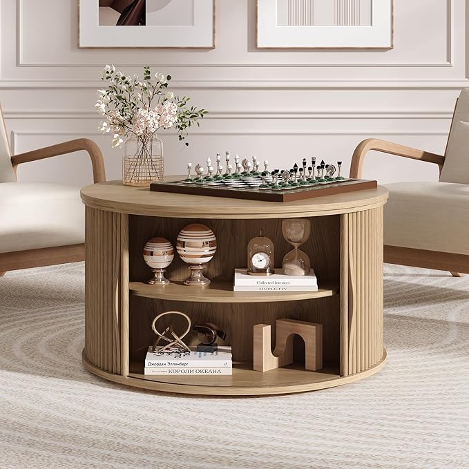 JOINICE 31.5" Round Lift Top Coffee Table, Natural Oak Modern Fluted Drum