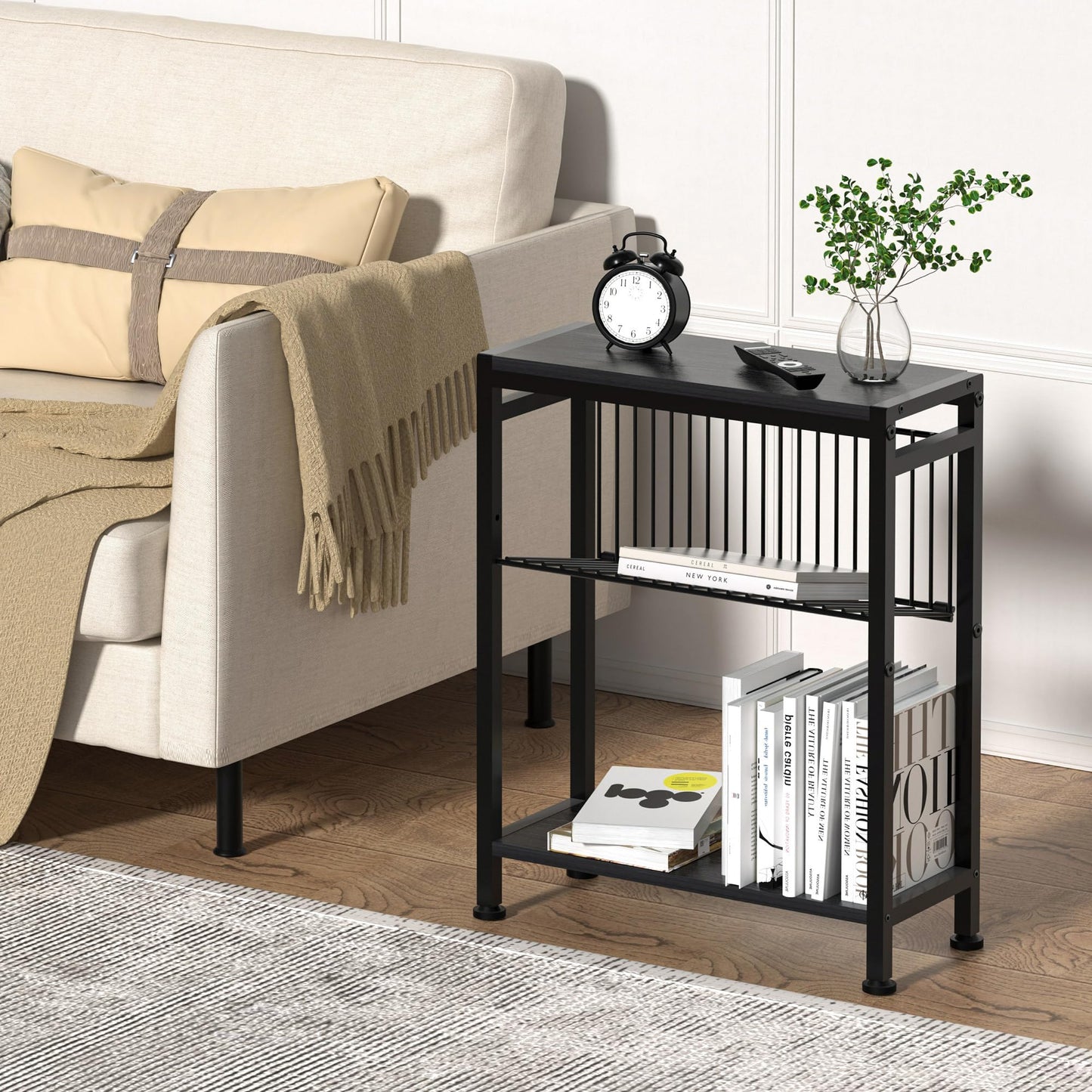 Lifenite Side Table for Small Spaces, Narrow End Table with Adjustable V-Shaped Magazine Rack, 7.1"D x 17"W x 21.7"H, Black