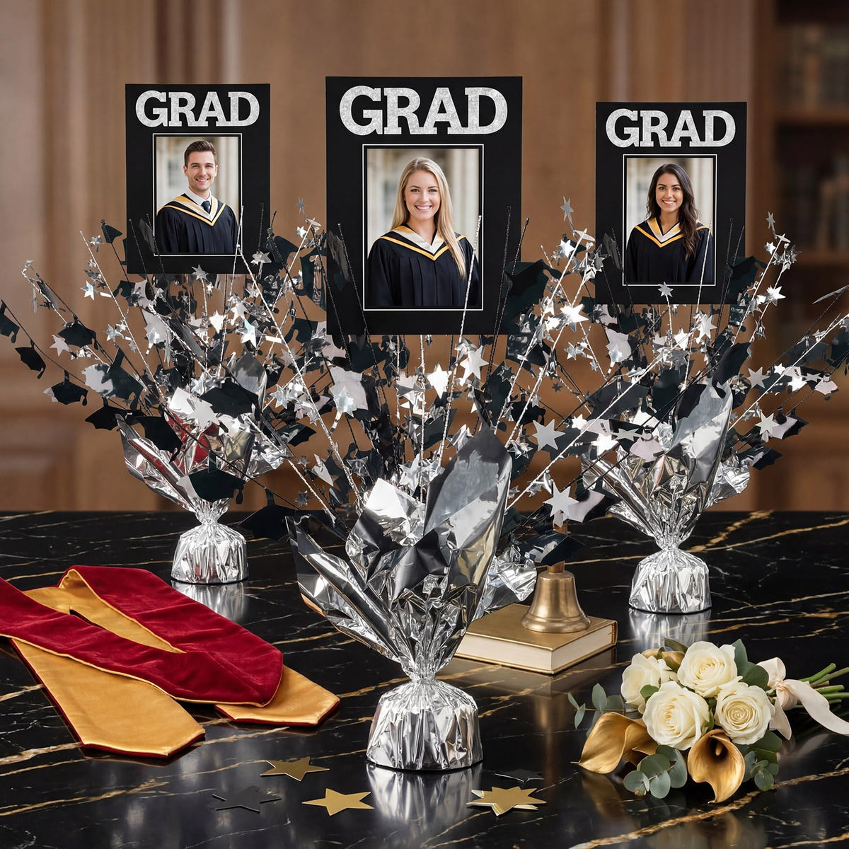 Capoda 6 Pack Graduation Table Centerpiece Party Decoration Metallic Foil Spray Centerpiece Glitter Star Tabletop Decor for 2026 Graduation Party Congrats Grad Decor Supplies (Photo,Black Silver)
