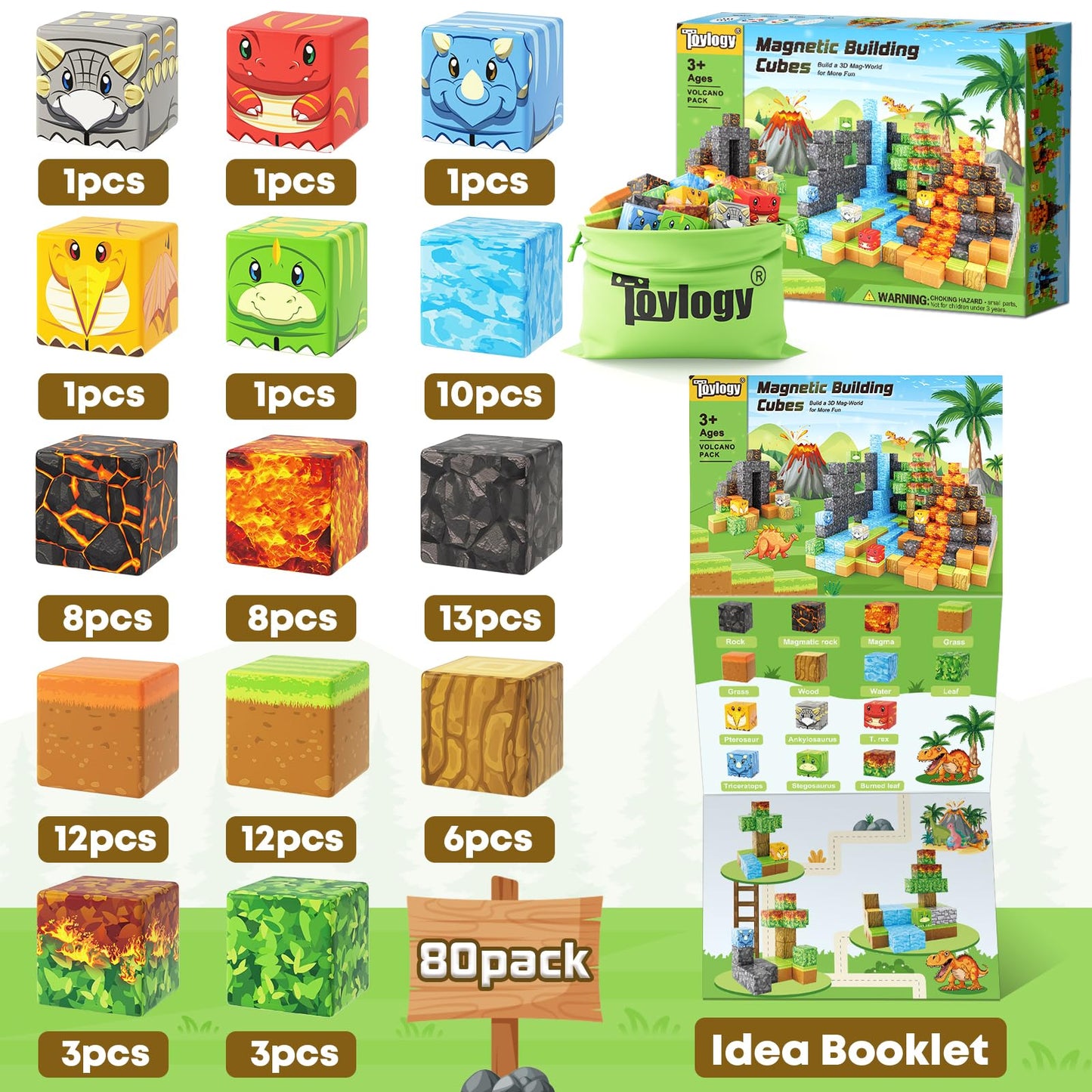 Dinosaur Toys Magnetic Blocks-Build Mine Magnet World Volcano Edition Kids Toy for 3+ Year Old Boys and Girls Building Blocks Toddler Toys Games Through Jurassic Learning Sensory Toy Gifts