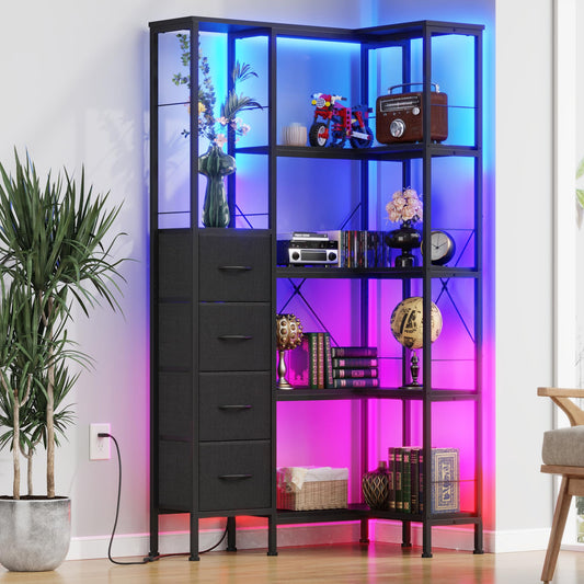 AFLUI Corner Bookshelf with LED Light Strips & 4 Fabric Drawers, 5-Tier Convertible Corner Shelf with Display Shelf, Large Wood Industrial Bookcase for Living Room, Bedroom, Home Office, Black