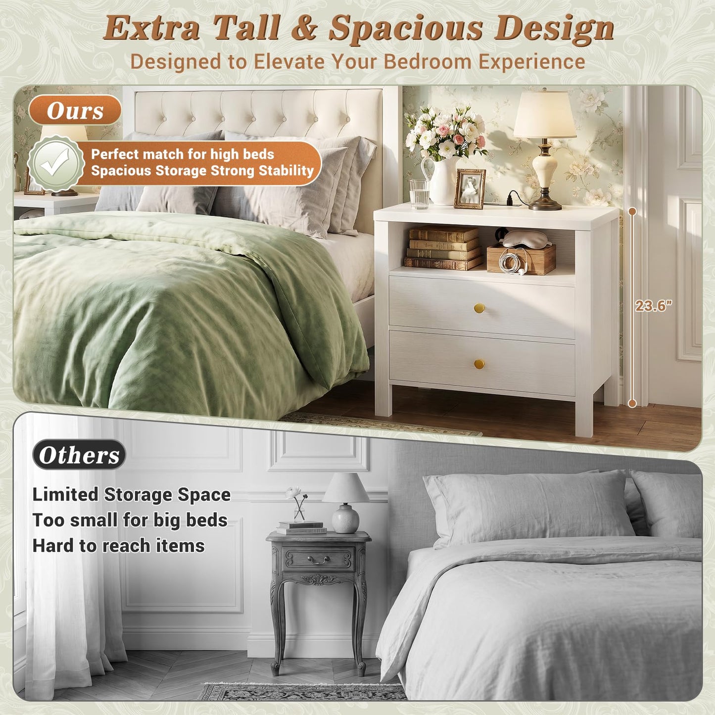 Aheaplus Nightstand with Charging Station, 23.6'' Large Bed Side Table with Wooden 2 Drawers, Night Stand for Bedroom, End Table with Open Storage Shelf for Living Room, White