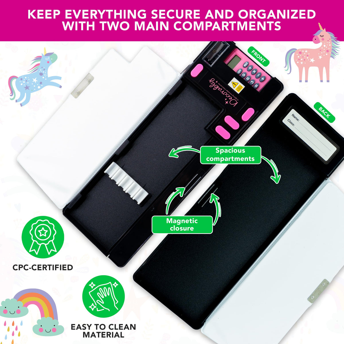 Decorably Unicorn Pop Up Multifunctional Pencil Case with Compartments, Calculator, Sharpener, Pen Slots, Mini Drawer and 2 Main Sections with Magnetic Closure - Back to School Gift for Kids