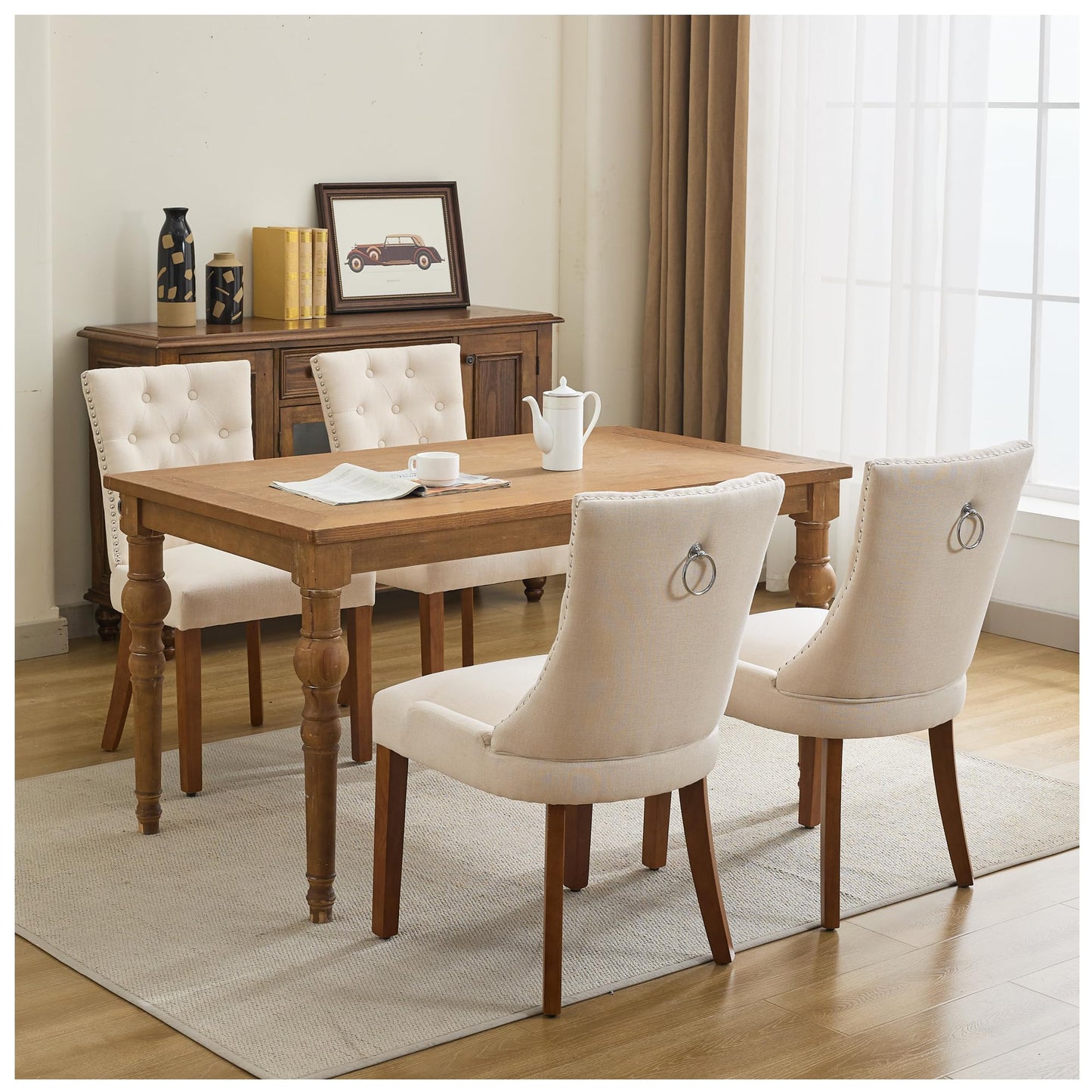 UDAX Upholstered Tufted Dining Chairs Set of 4, Fabric Side Dining Room Chairs with Nailhead Back Ring Pull Trim Solid Wood Legs, Beige