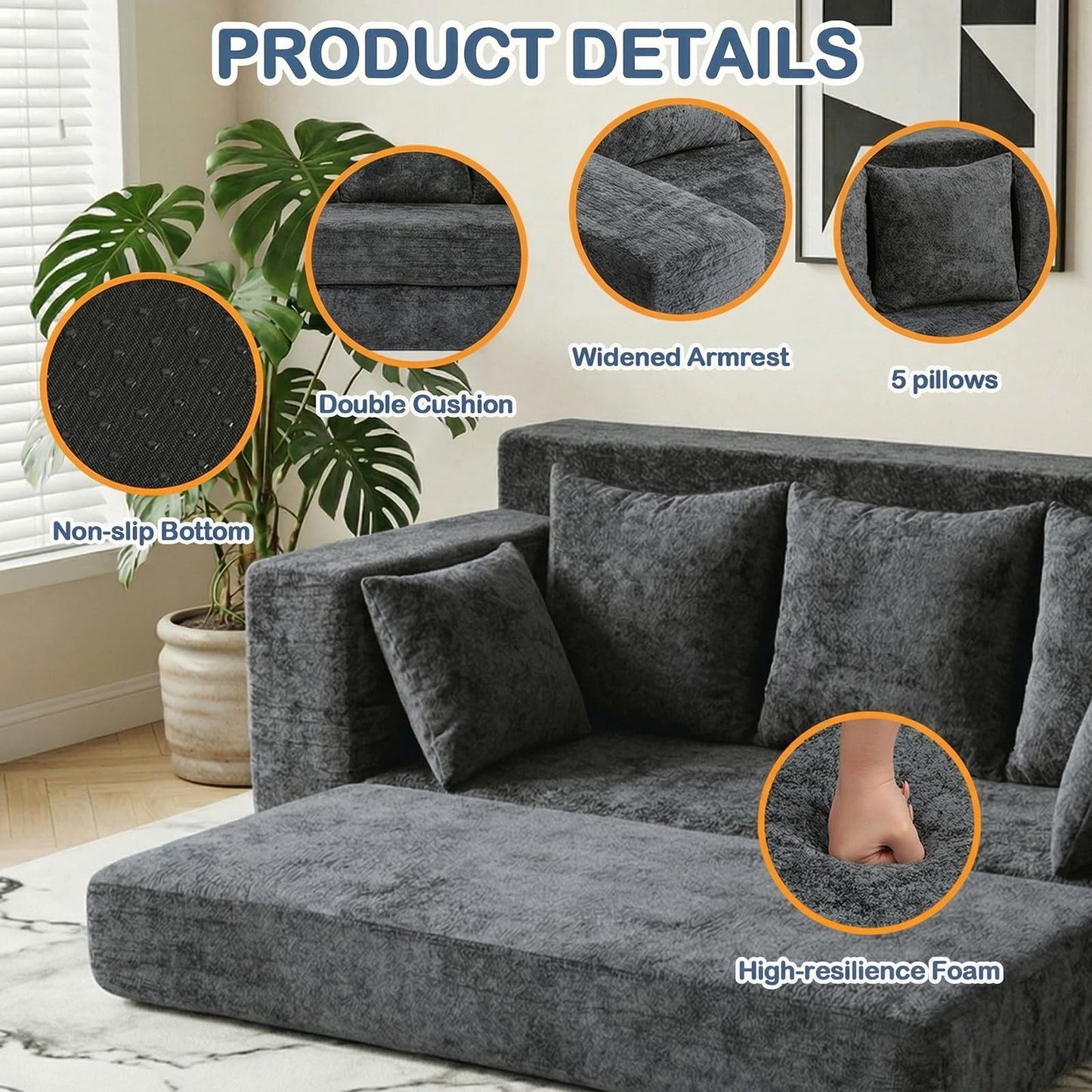 Winzoo Boneless Couches 70", 3 Seater Boneless Couch with Pull Out Sofa Bed, Gray Boneless Couch with 5 Pillows, Plush Velvet Sofa for Living Room & Bedroom