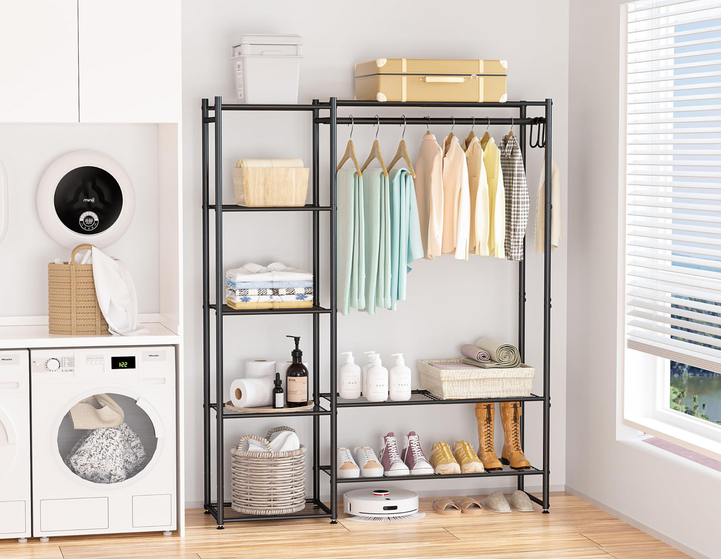 Neprock Wardrobe Closet, Portable Clothing Rack for Hanging Clothes, Free Standing Closet Organizers and Storage System with 4 Tiers Shelves for Cloakroom Bedroom,Black