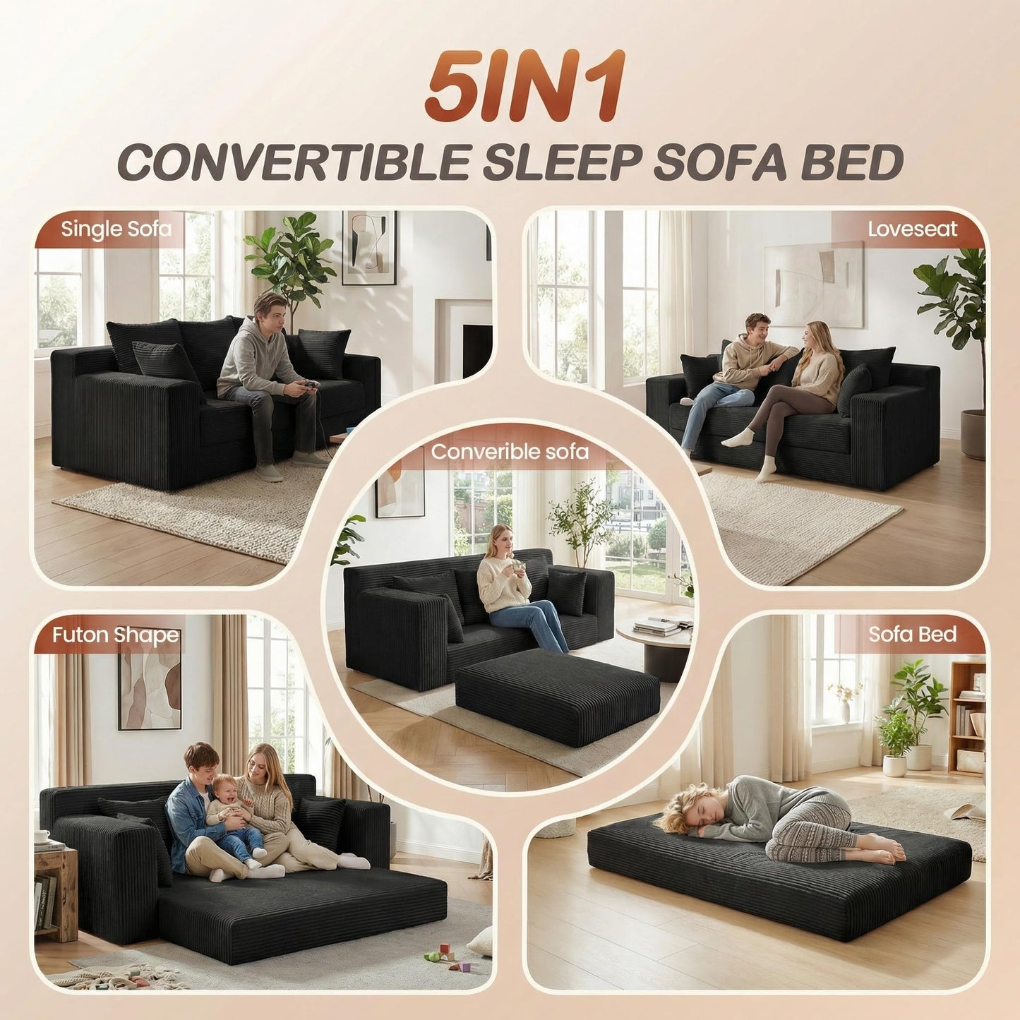 AOLVDOW Convertible Sofa Bed, 5 in 1 Small Boneless Couch Pull Out Loveseat Sleeper Sofa,Corduroy Futon Couch Folding Mattress with 4 Pillows for Living Room