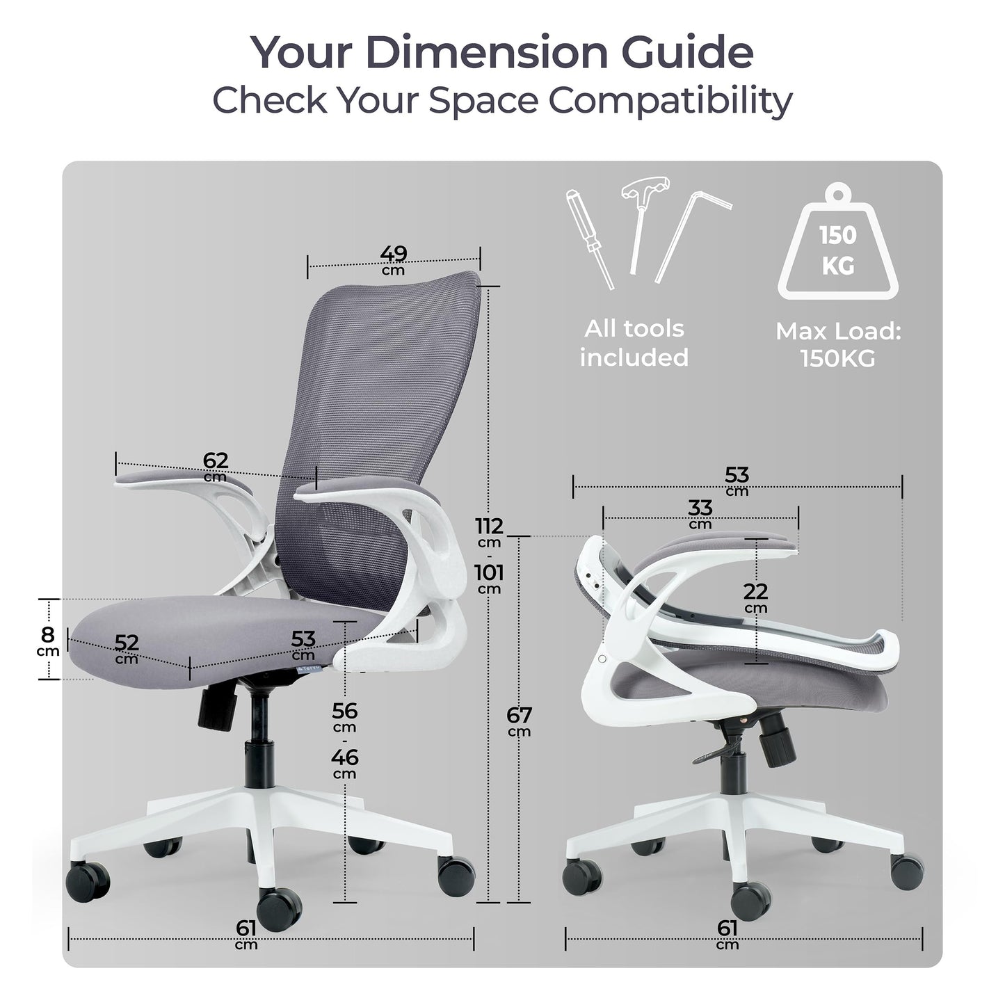 Tervo Model U | Folding Office Chair for Small Spaces | Gaming Chair for Adults & Kids | Ergonomic Mesh Computer Chair for Bedroom | Foldable Desk Chair for Home Work (White & Grey)