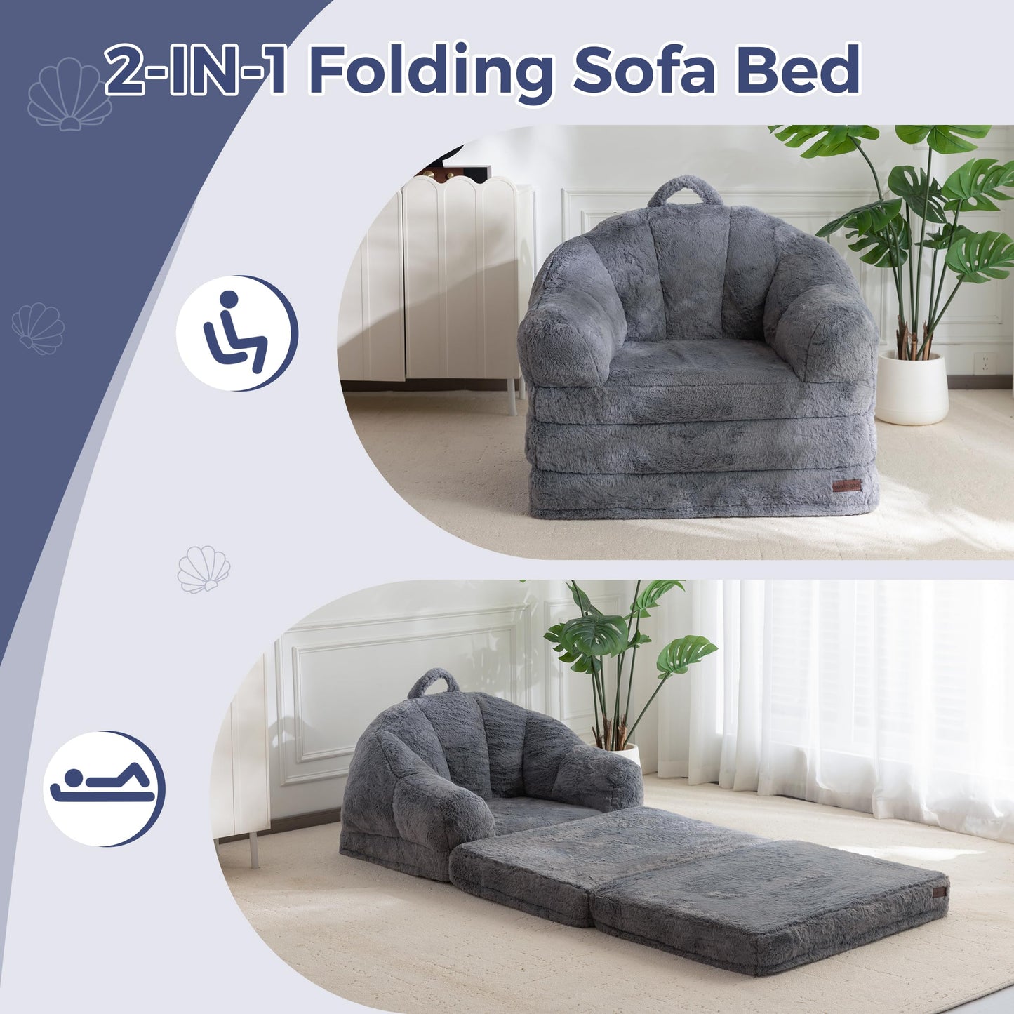 MAXYOYO Folding Sofa Bed, 2 in 1 Convertible Sofa to Lounger Comfy Single Bean Bag Chair for Adults, Floor Couch with Handle, Faux Fur Couch Bed for Living Room Bedroom, Grey